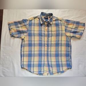 Roundtree & Yorke Mens Yellow & Blue Plaid Short Sleeve Button Up Shirt Size L